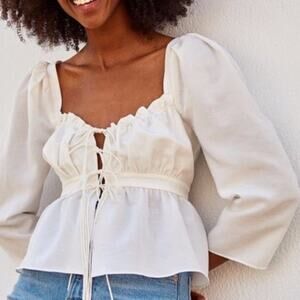 Brock Collection x H&M Tie Front Ivory Blouse Linen Blend 3/4 Sleeve NWOT Sz L